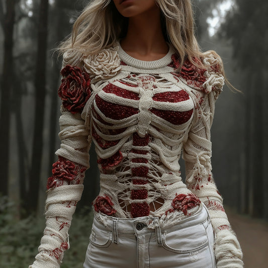 Women's Red Rose Skeleton Art Knit Sweater artswardrobe