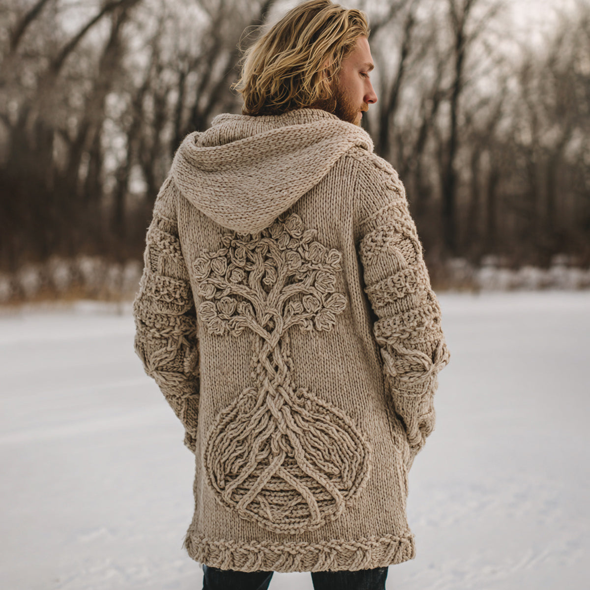 Men's Retro Tree Of Life Art Jacquard Chunky Knitted Cozy Hooded Cardigan artswardrobe