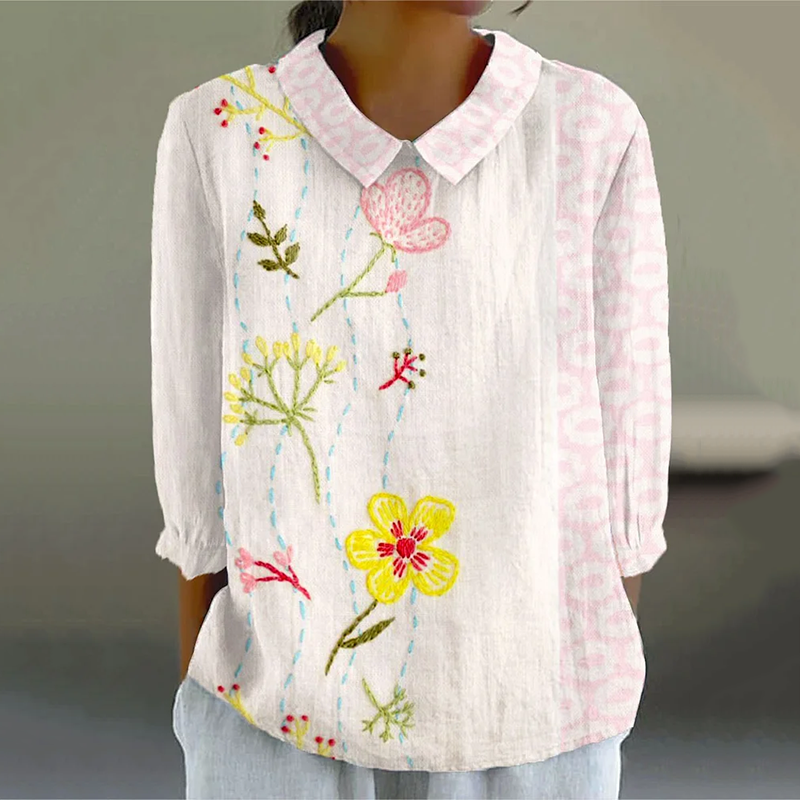 Women's Vintage Flower Art Print Casual Cotton And Linen 3/4 Sleeve Shirt artswardrobe