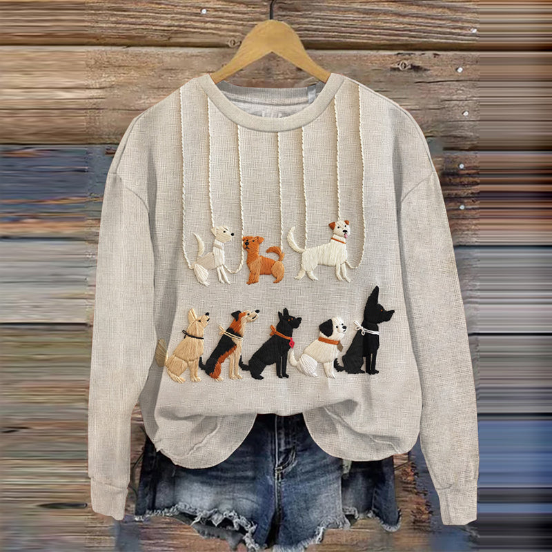 Comstylish Embroidery Art Dog Print Crew Neck Casual Sweatshirt