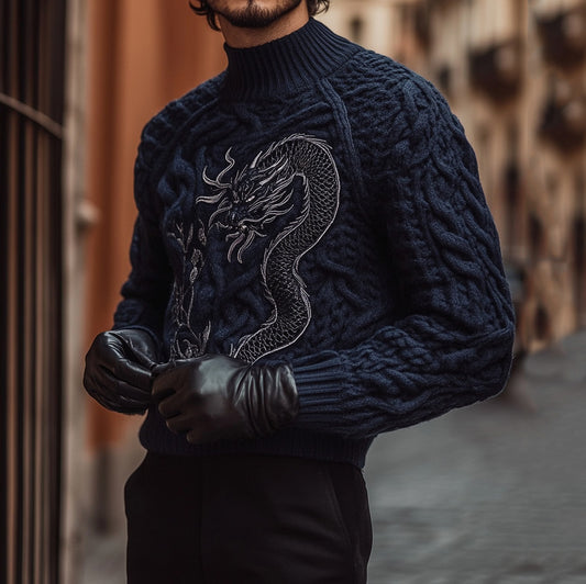Men's Chunky Knitted Dragon Totem Turtleneck Sweater elevenforest