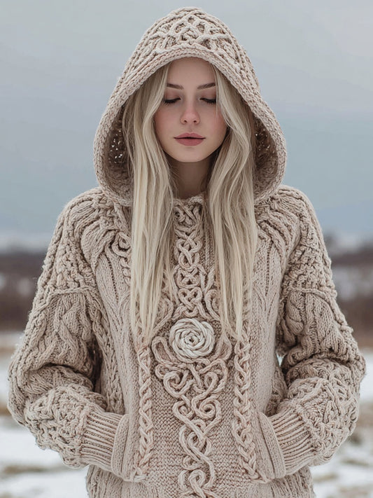 Vintage Viking Inspired Rose Knit Chunky Hooded Sweater artswardrobe