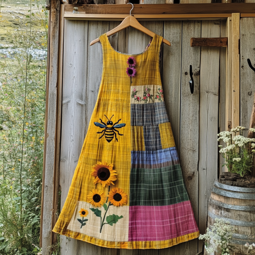 Vintage Boho Sunflower With Bee In Plaid Embroidered Cozy Linen Maxi Dress artswardrobe