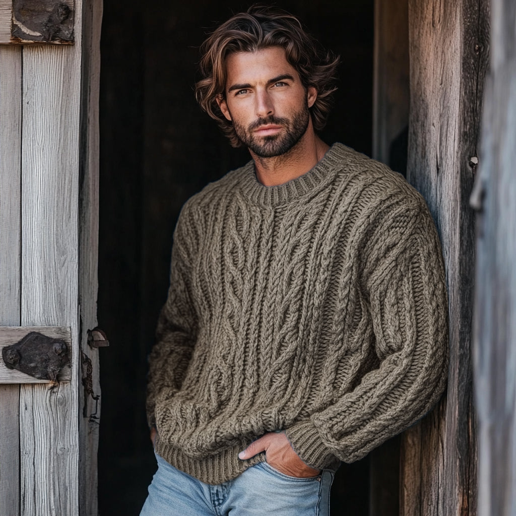 Men'S Burlap Jacquard Crew Neck Aran Sweater elevenforest