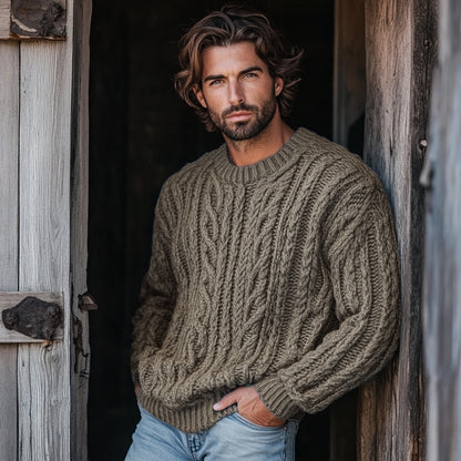 Men'S Burlap Jacquard Crew Neck Aran Sweater elevenforest