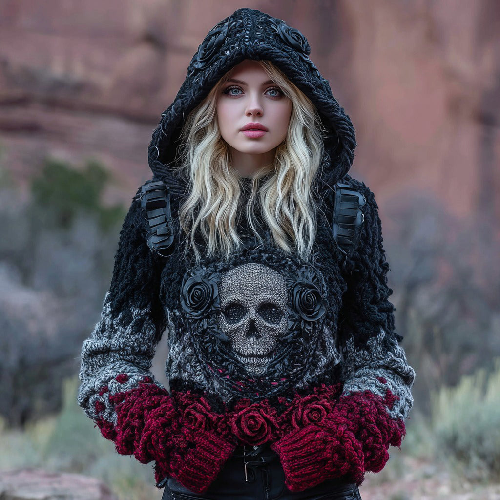 Women's Tribal Dark Style Rose Skull Art Chunky Knit Hooded Sweater artswardrobe