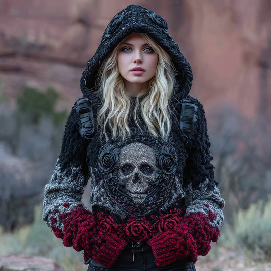 Women's Tribal Dark Style Rose Skull Art Chunky Knit Hooded Sweater artswardrobe