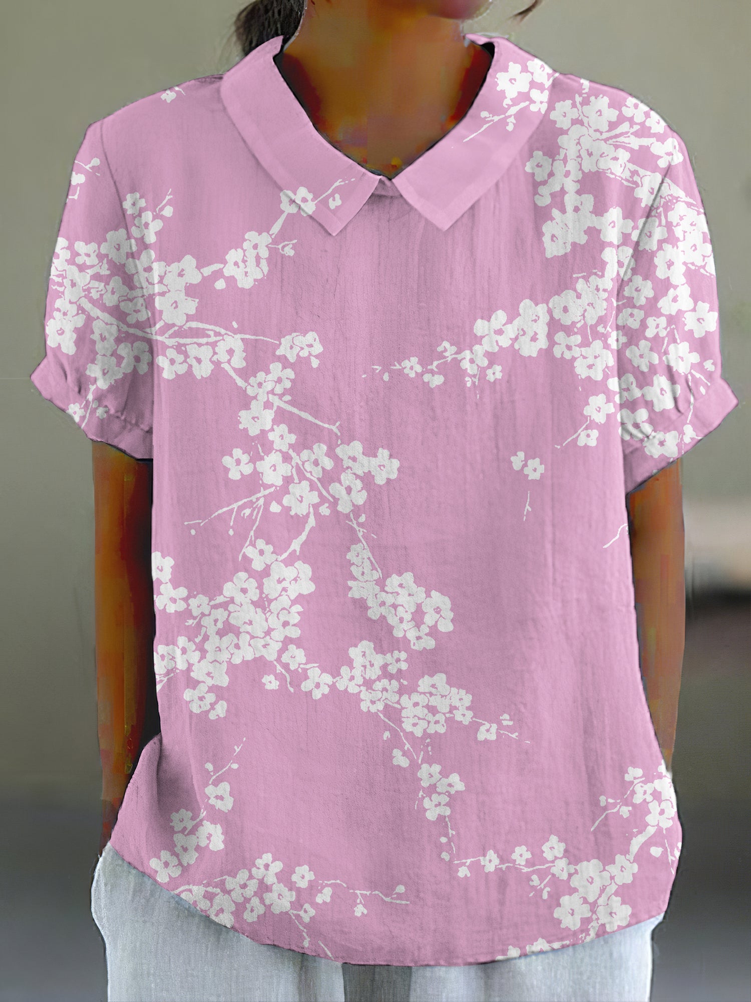 Comstylish Cherry Blossom Japanese Print Casual Cotton Linen Shirt