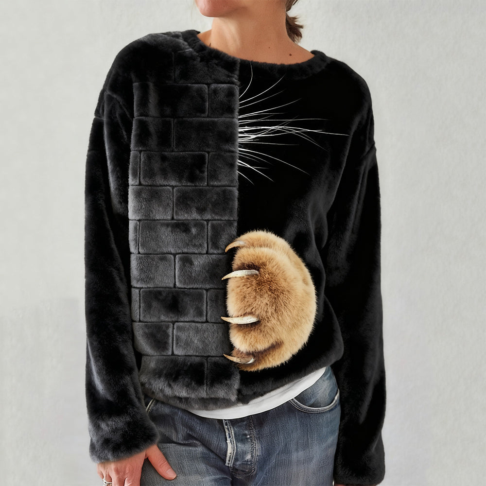 Comstylish Cute Cat Paw Pattern Round Neck Plush Sweatshirt