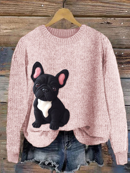 Comstylish Lively French Bulldog Felt Art Cozy Knit Sweater