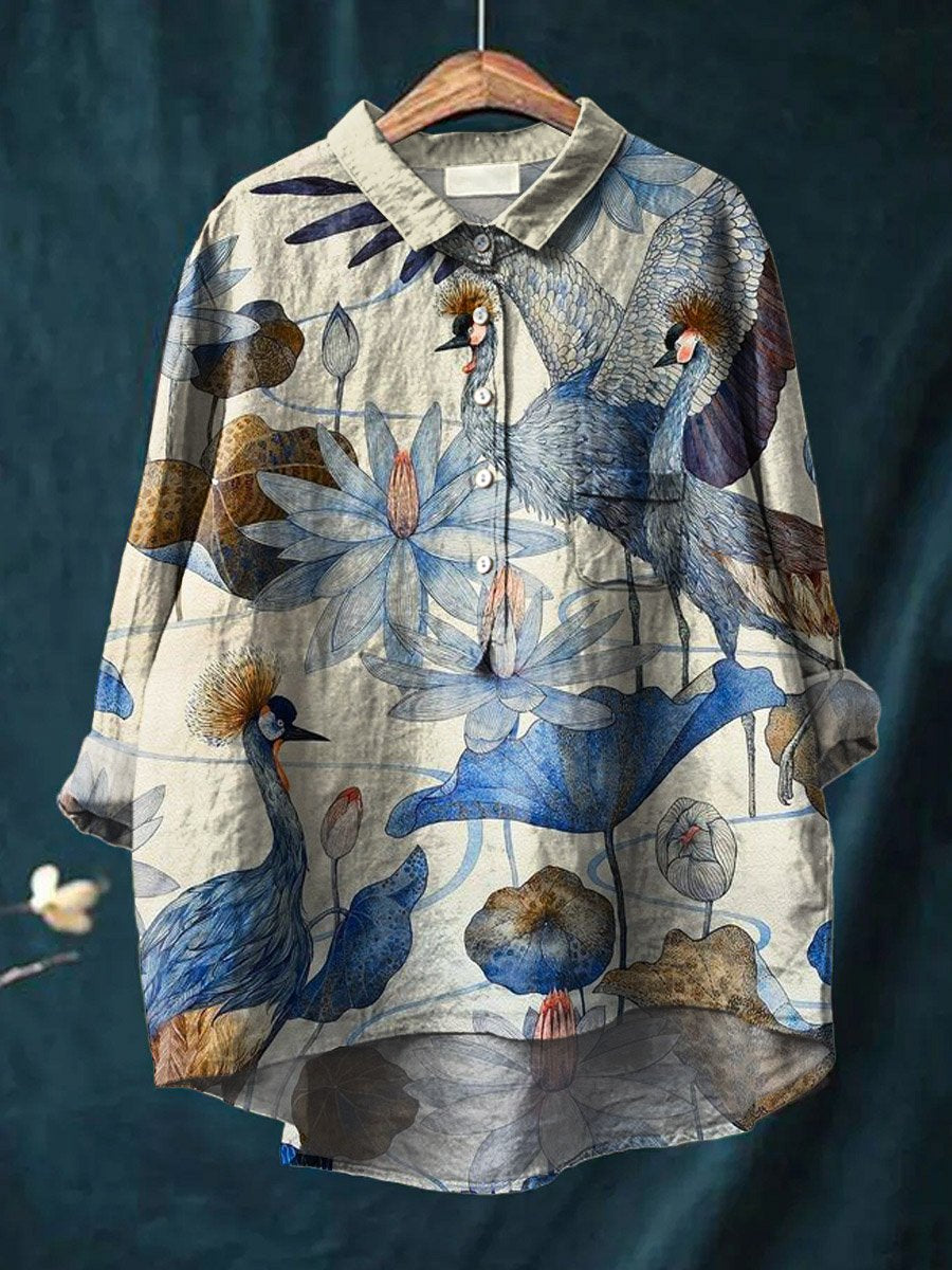 Vintage Lovely Birds Floral Art Print Casual Cotton And Linen Shirt