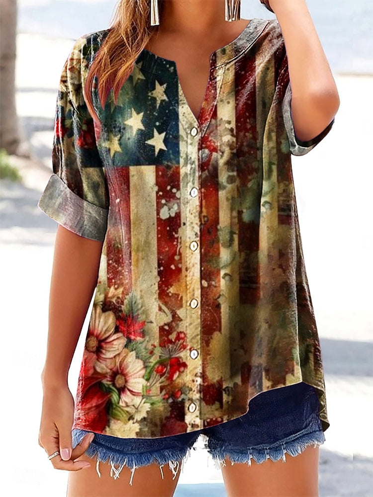 Women's Vintage Flag Floral Art Print Casual Short Sleeve Cotton and L