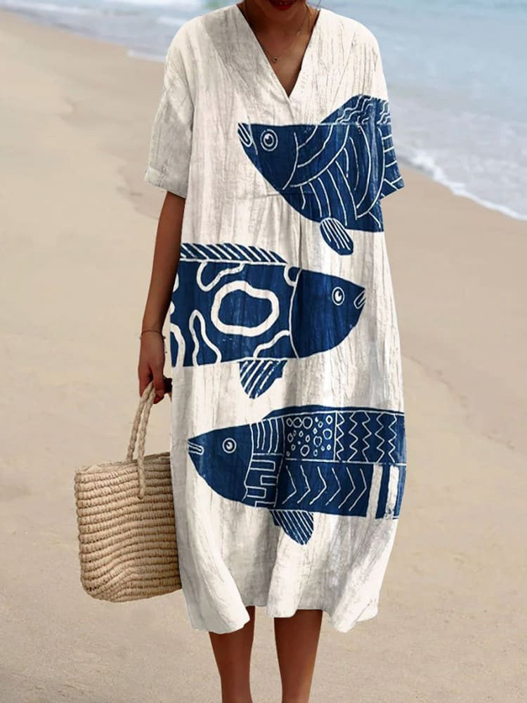 Women's Vintage Fish Art Print Casual Midi Dress