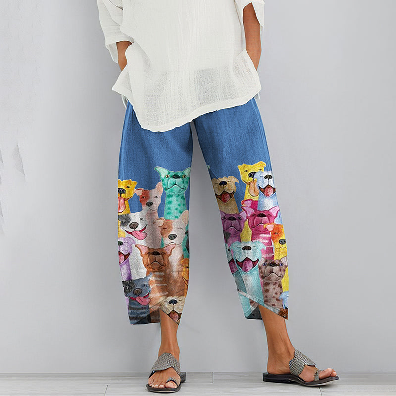 Comstylish Smile Cute Dogs Photo Printed Pocket Casual Pants