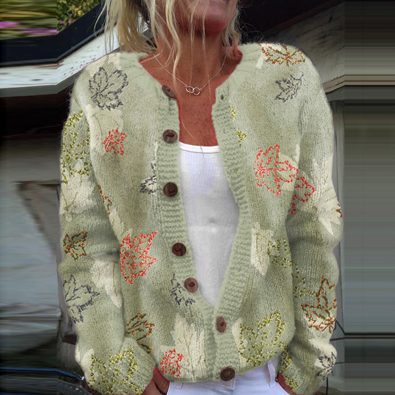Vintage Fallen Leaf Jacquard Women's Cardigan Knitted Sweater artswardrobe