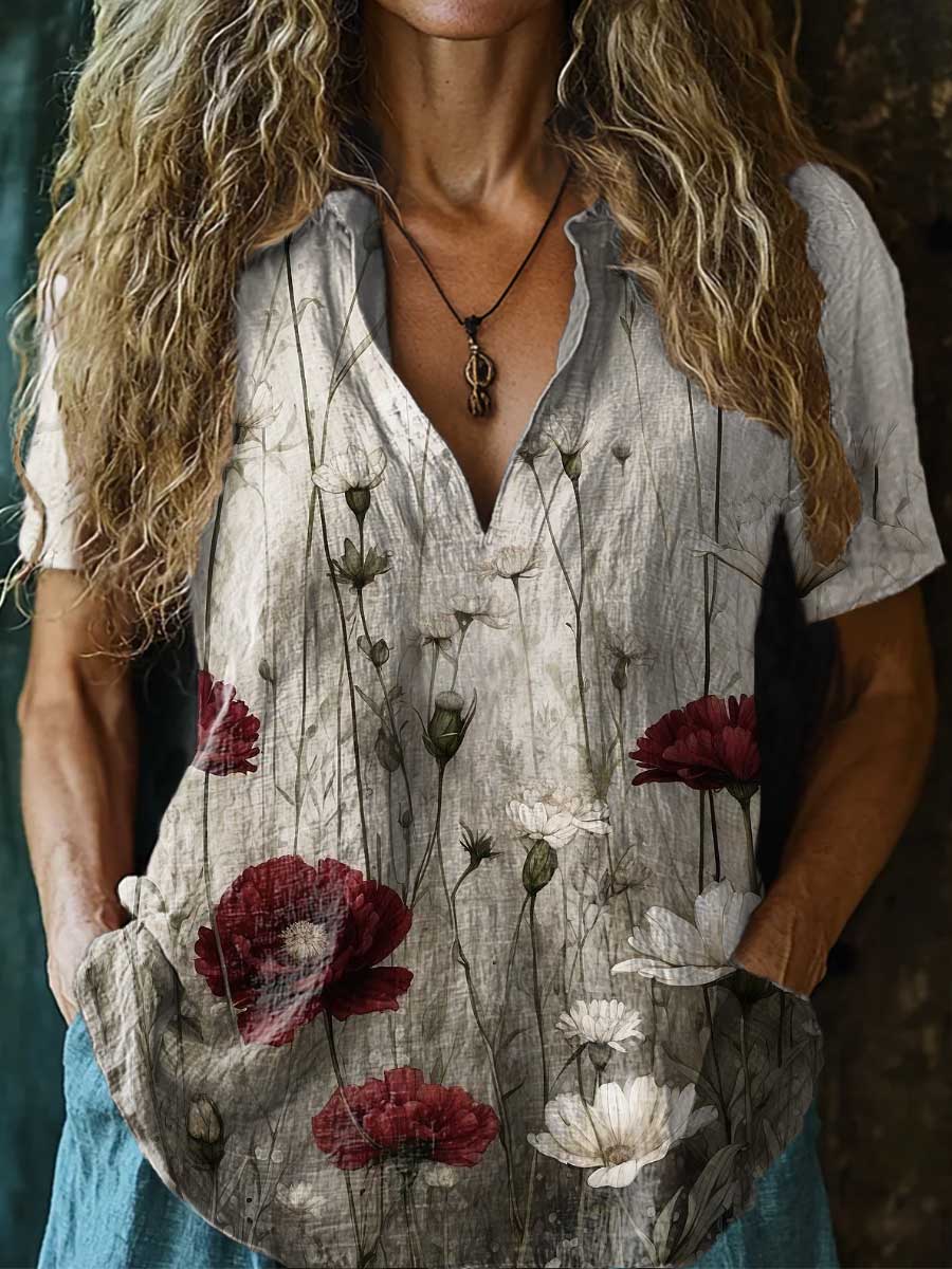 Women's Floral Pattern Art Print Casual Short Sleeve Comfortable Cotto