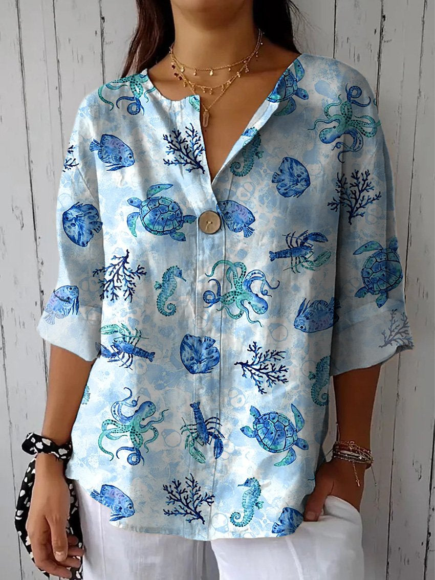 Ocean Blue Sea Creatures Pattern Printed Women's Casual Cotton Linen Shirt