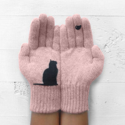 Warm Cat Bird Print Wool Knitted Gloves elevenforest