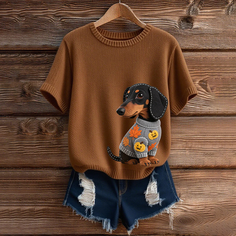 Classic Autumn Dachshund With Felt In Autumn Inspired Embroidered Short Sleeve Cozy Knit Sweater artswardrobe