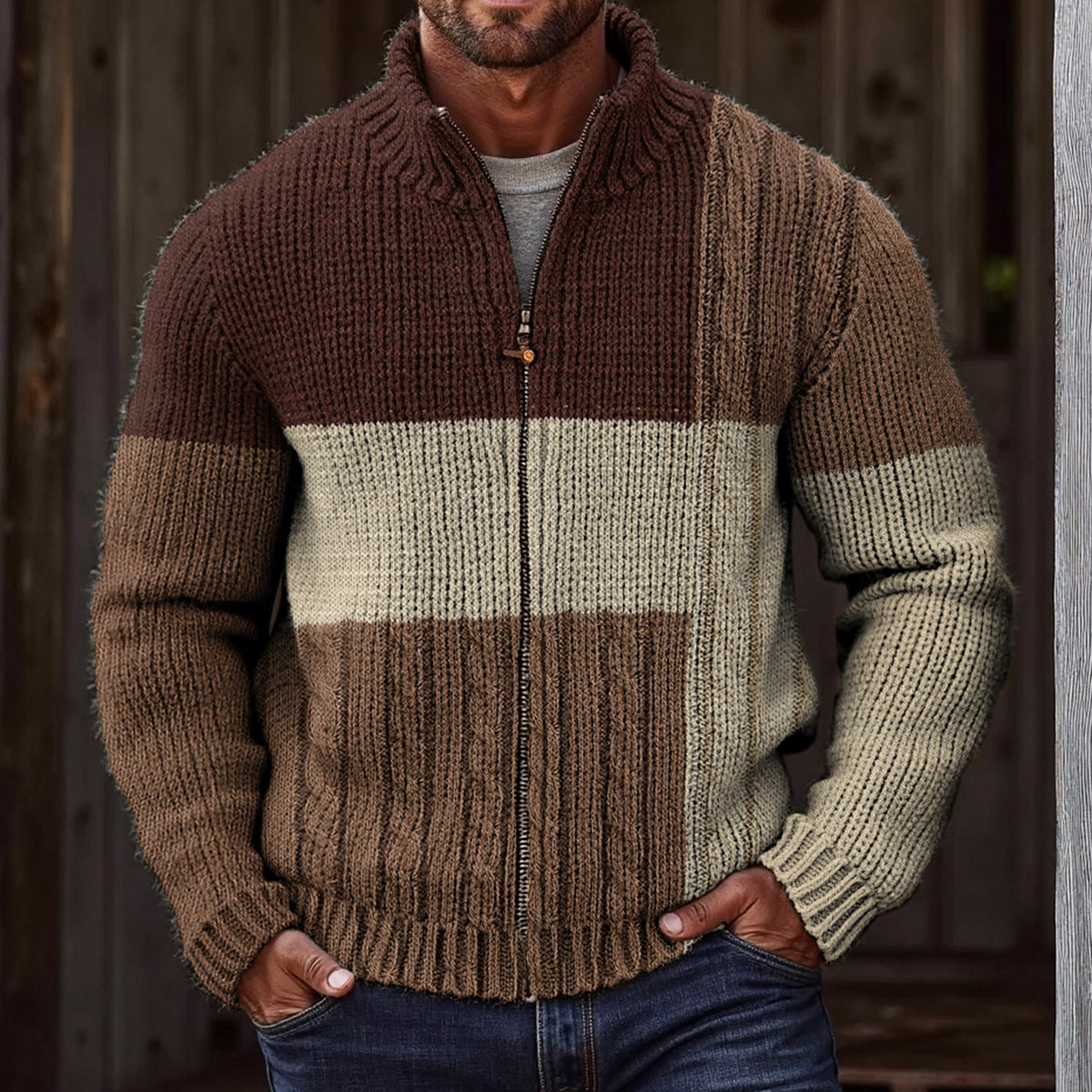 Men'S Vintage Color Block Knitted Jacquard Zipper Cozy Sweater Cardigan elevenforest