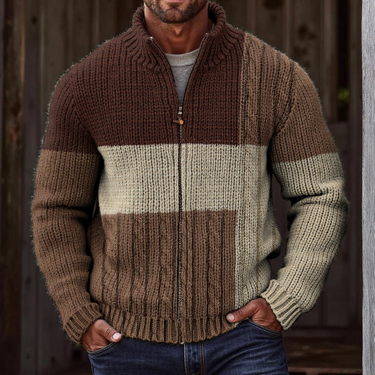Men'S Vintage Color Block Knitted Jacquard Zipper Cozy Sweater Cardigan elevenforest
