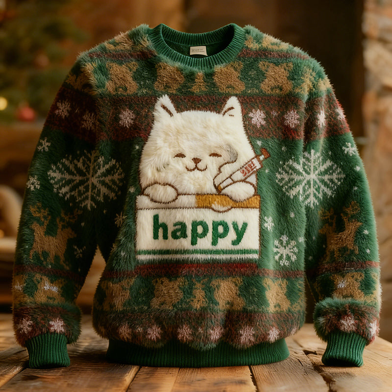 Comstylish Cute And Fun Happy Cat Pattern Warm Crew Neck Sweater