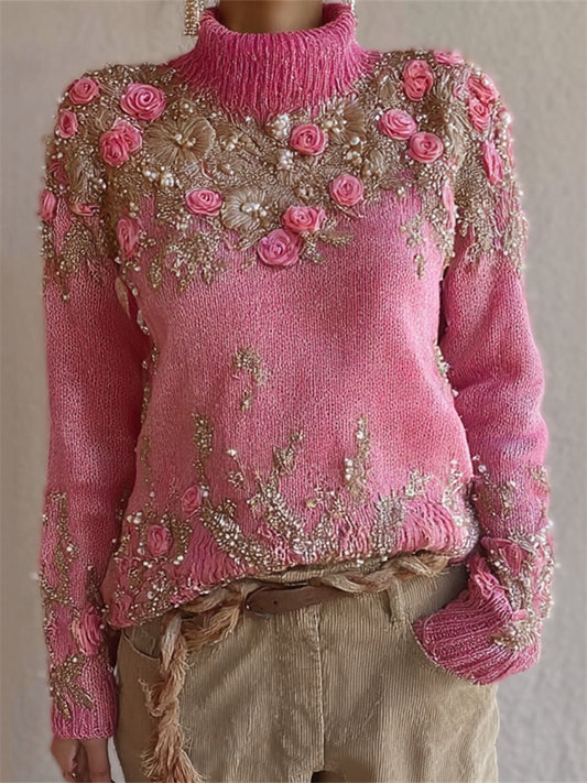 Classy Pink Roses Glitter Cozy Knit Turtleneck Sweater artswardrobe