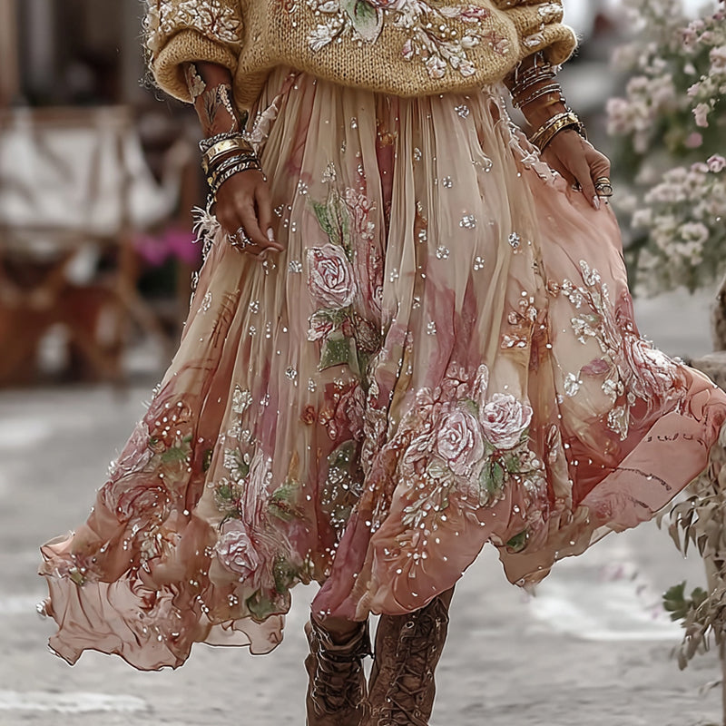 Vintage Rose In Gradient Yellow Art Cozy Knit Turtleneck Sweater And Linen Skirt Two-piece Set elevenforest