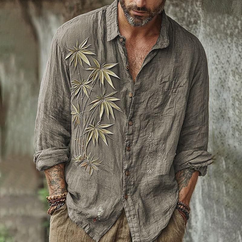 Men's Vintage Japanese Bamboo Embroidery Art Long Sleeve Linen Blend Shirt artswardrobe