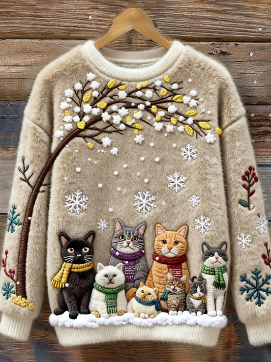 Christmas Cats Embroidery Women's Cozy Plush Sweater