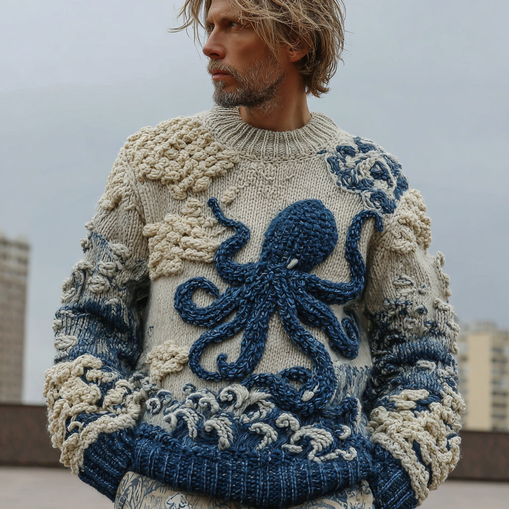 Men's Japanese Octopus Art Cozy Knit Pullover Sweater artswardrobe