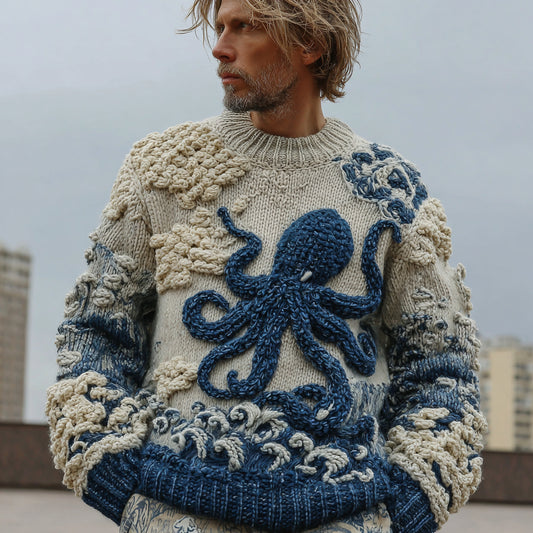 Men's Japanese Octopus Art Cozy Knit Pullover Sweater artswardrobe