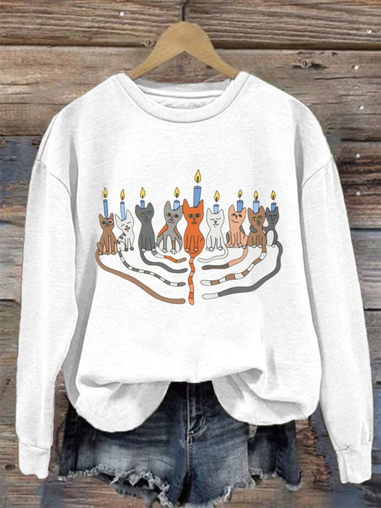 Women's Hanukkah Menorah Print Casual Sweatshirt elevenforest