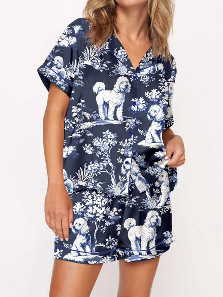Women's Casual Blue Poodle Dog Silky Satin Pajama Set artswardrobe