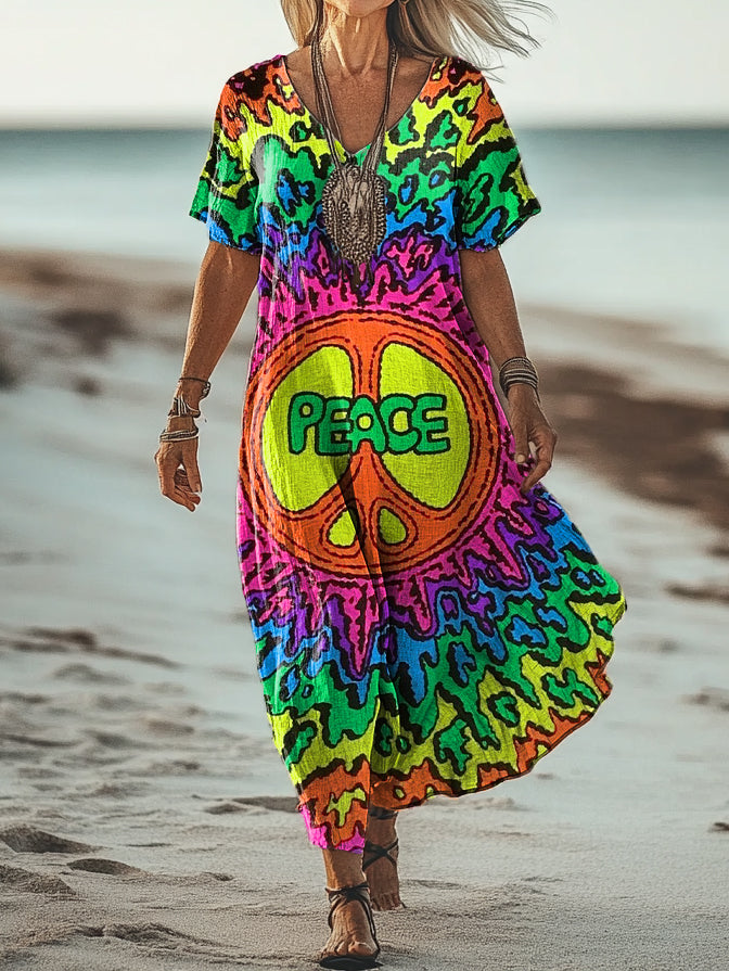 Women's Hippie Art Print Pocket Cotton Dress