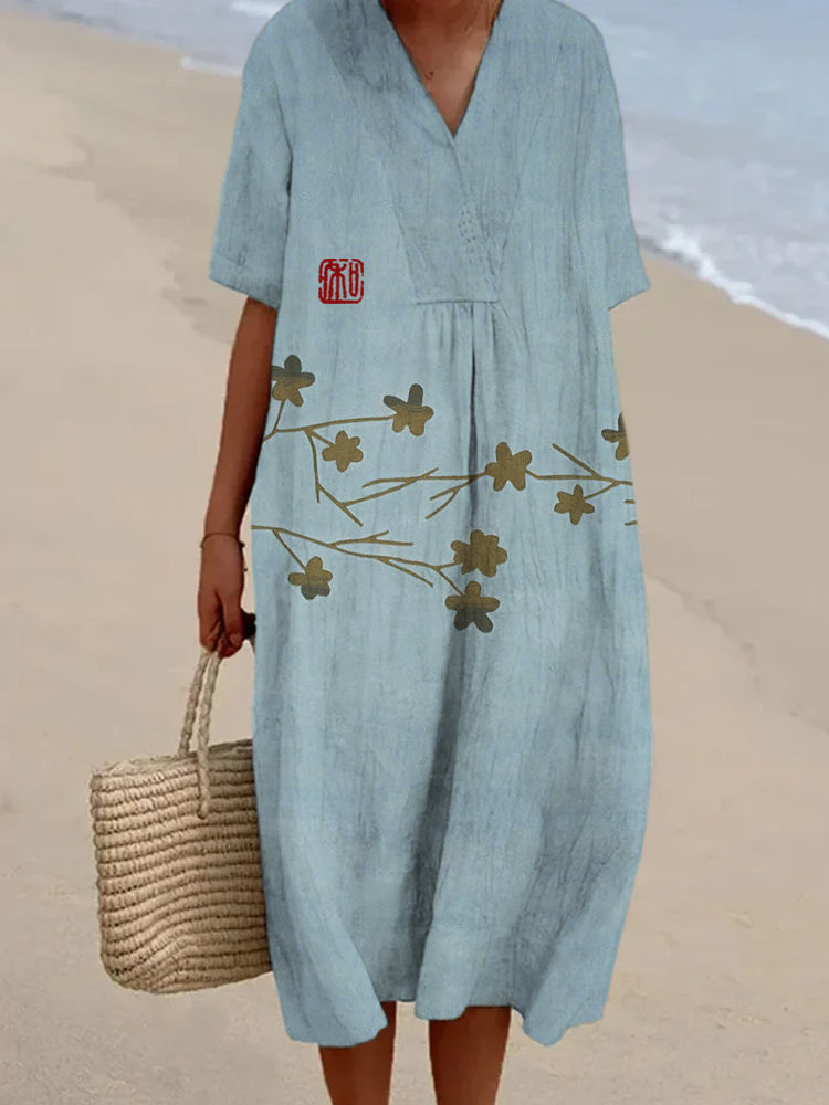 Vintage Floral Silhouette Art Women's V-Neck Maxi Dress