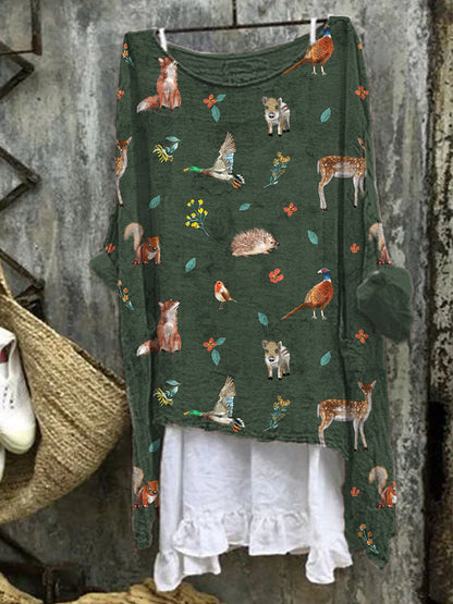 Forest Animals Print Linen Blend Vintage Shirt artswardrobe