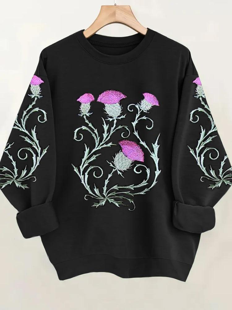 Comstylish Elegant Scottish Thistle Flower Embroidered Women's Sweatshirt