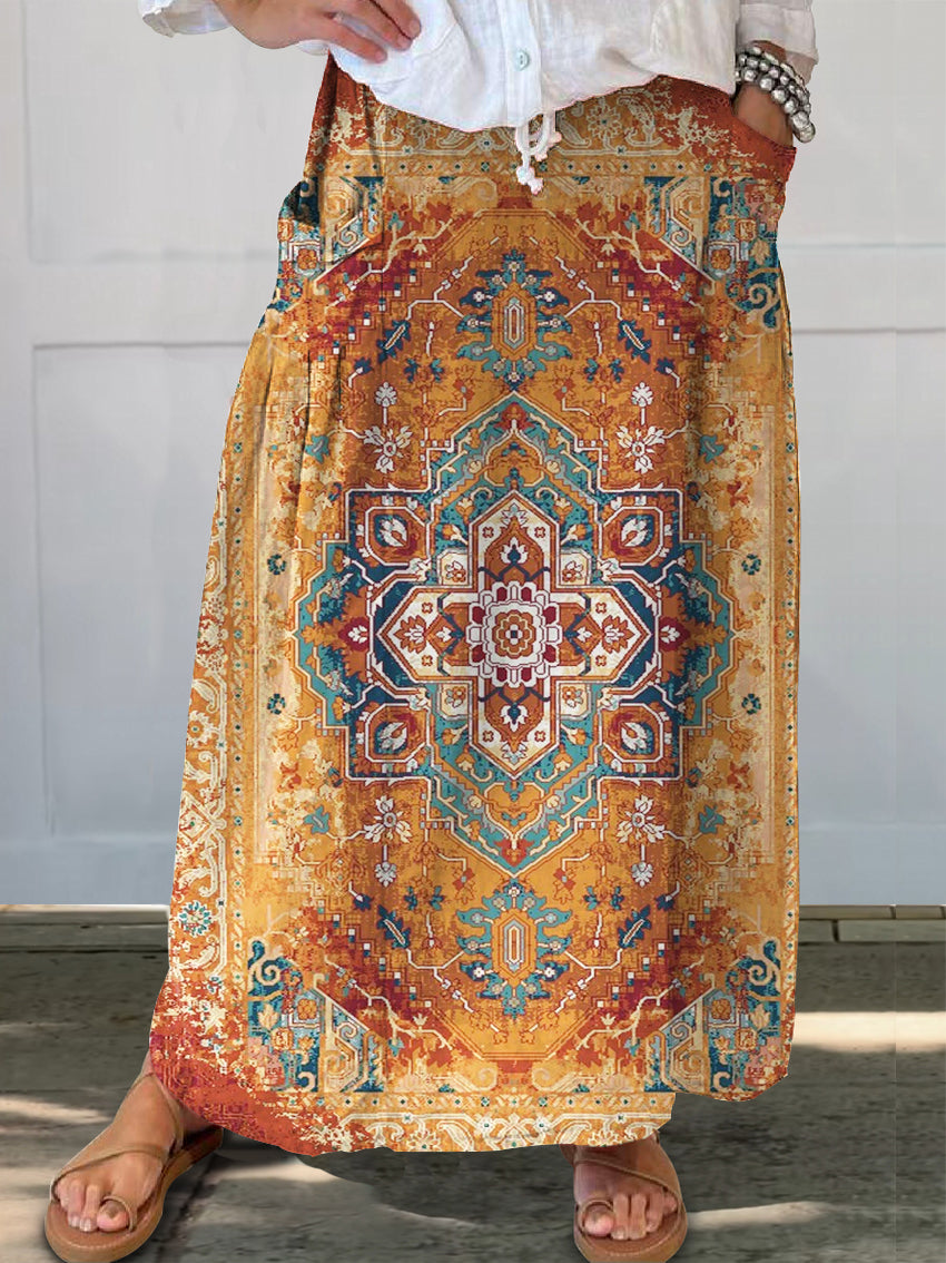 Women's Ethnic Totem Print Linen Pocket Skirt