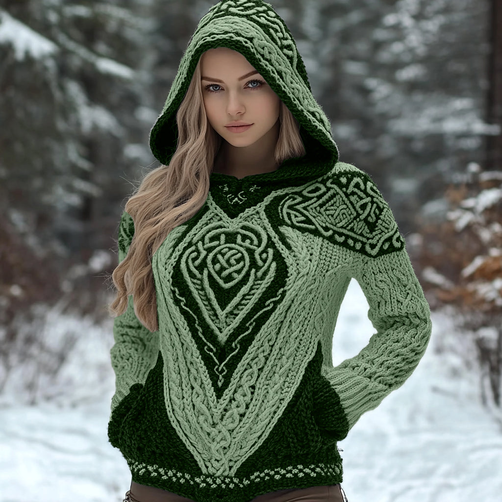Women's Viking Wolf Style Celtic Thick Hooded Sweater elevenforest