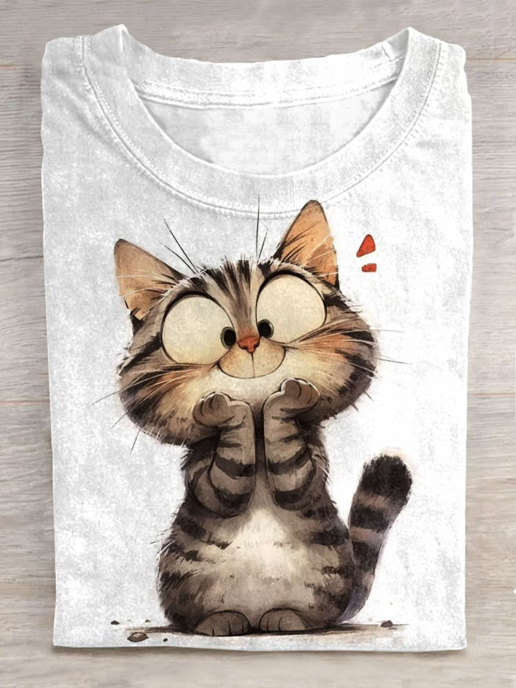 Comstylish Cute Cat Art Print Casual Short Sleeve T-Shirt