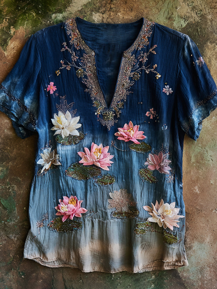 Comstylish Boho Lotus Sequin Embroidery Vintage Women's V-neck Linen T-shirt