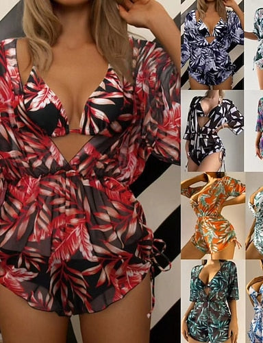 Bikini 3 Piece Swimsuit Palm Cheeky Slim Backless Vacation Beach Wear Color Block V Neck Sleeveless Long Sleeve Bathing Suits