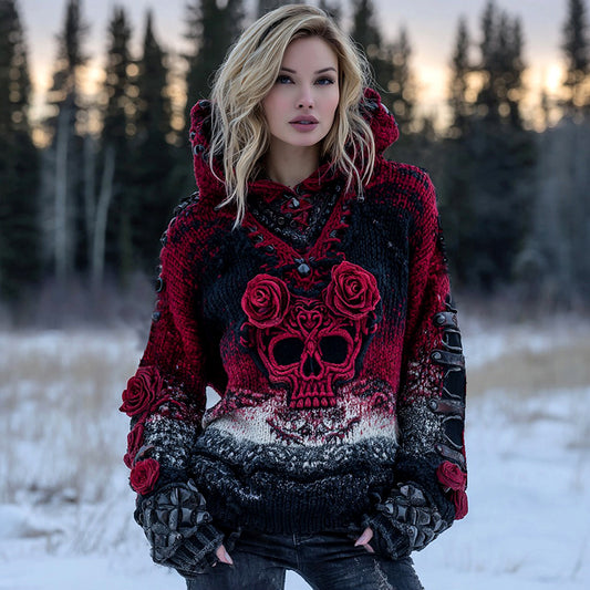 Women's Viking Gothic Rose And Skull Inspired Knit Hooded Sweater artswardrobe