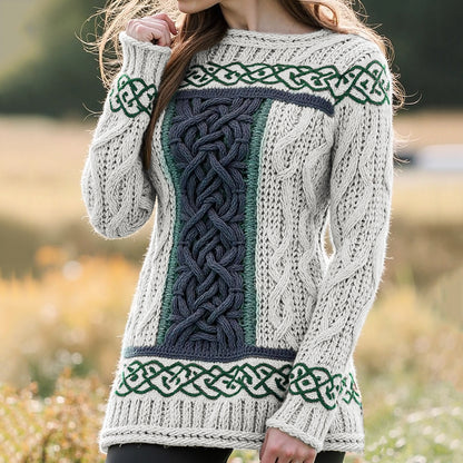 Women's Irish Celtic Knotted Contrast Jacquard Sweater elevenforest
