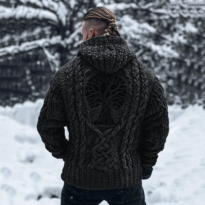 Men's Viking Tribal Tree Of Life Celtic Chunky Knit Hooded Sweater elevenforest