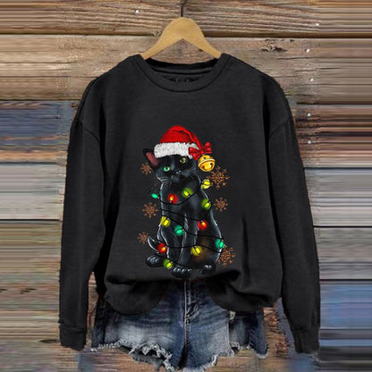 Christmas Lights Cat Print Crew Neck Sweatshirt elevenforest