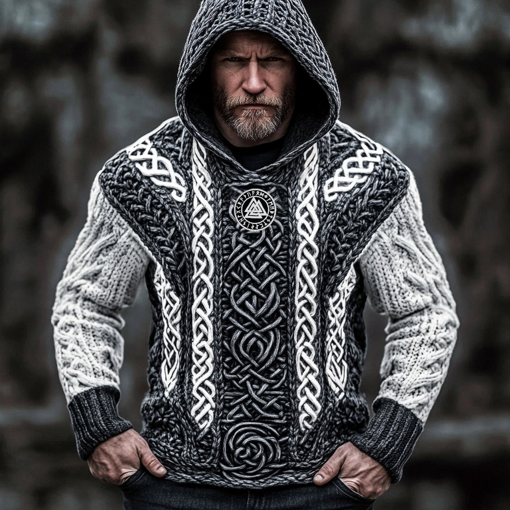 Men's Vintage Viking Runes Celtic Cozy Chunky Hooded Sweater elevenforest