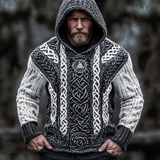Men's Vintage Viking Runes Celtic Cozy Chunky Hooded Sweater elevenforest