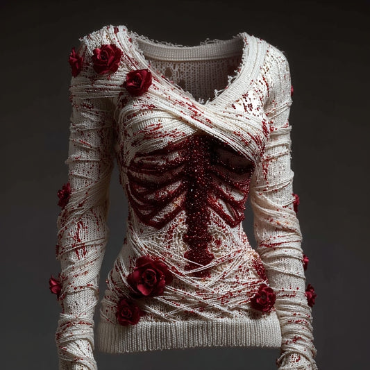 Elegant Skeleton Bloody Roses Bandages V Neck Sweater artswardrobe